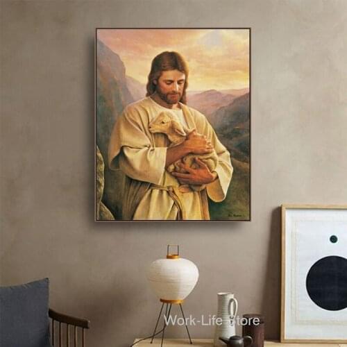 Jesus Embraced The Lamb Canvas Painting Calligraphy Canvas Art Print Home Decor Canvas Wall Art Picture for Living Room Church