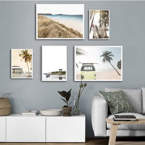 Tropical Summer Sea Beach Travel Print Sunset Coconut Surfboard Car Canvas Art Painting Seascape Picture Wall Decoration