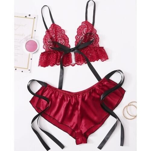 Sanderala Sexy Women Lace Bow Brief Sets Eyelash Lingerie Bra & Pants Summer Bandage Transparent Lingerie Bralette Underwear Set