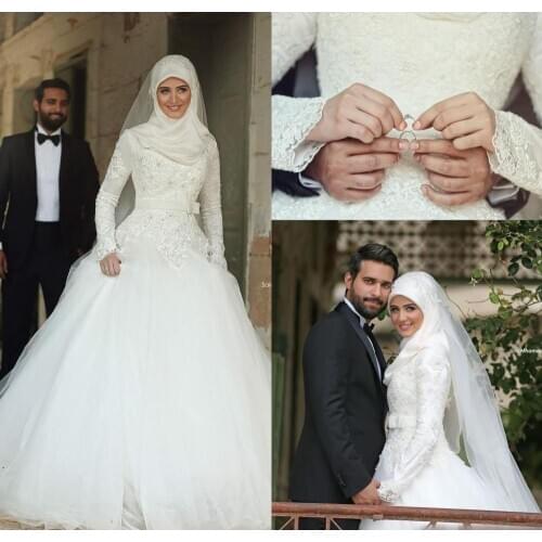 New Arabic Islamic Muslim A Line Wedding Dresses Lace Winter Bridal Gowns Long Sleeves High Neck Midwest Pakistan vestidos