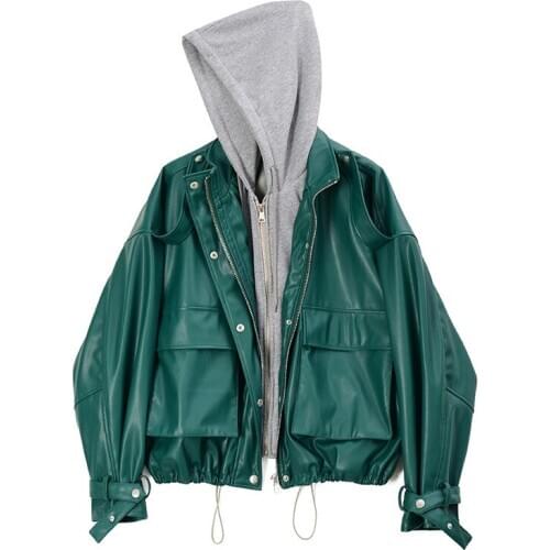Autumn Winter Female Long-sleeved Suit Loose Minimalist Patchwork Sweatshirt Hoodie Short PU Leather Top Coat C806