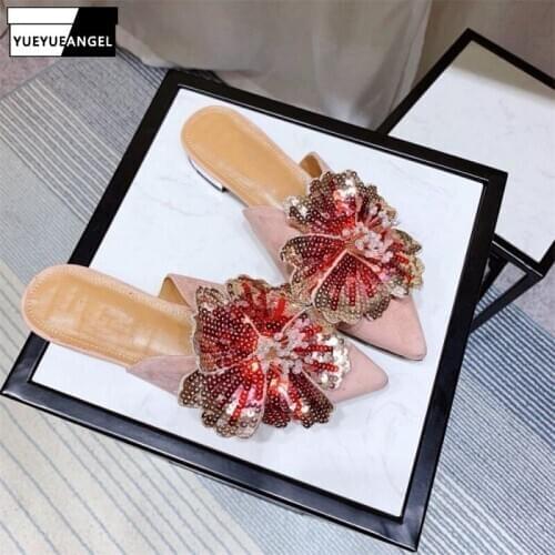 Luxury Brand New Spring Summer Womens slippers Top Quality Women Flat Shoes Genuine Sheepskin Suede Leather Slippers Sequined