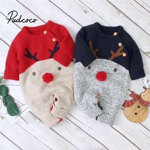 Baby Boys Christmas Rompers Reindeer Knitted Infantil Jumpsuits Toddler Girls New Years Costume Children Warm Wool Clothes 0-2Y