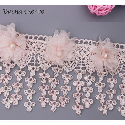 Pink Flowers Pearl Chiffon tassel Embroidered Lace Trim Ribbon Fabric Sewing Craft Patchwork Handmade DIY For Costume Decoration