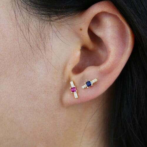 Chic Simple Bar Stud Earrings With Red Blue White Green Cz Stone Brincos For Women 100% 925 Sterling Silver Cute Stud Jewelry