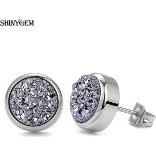ShinyGem Cute 6-10mm Round Natural Crystal Druzy Stud Earring Stainless Steel Charm Small Geode Gem Stone Earring For Women Girl