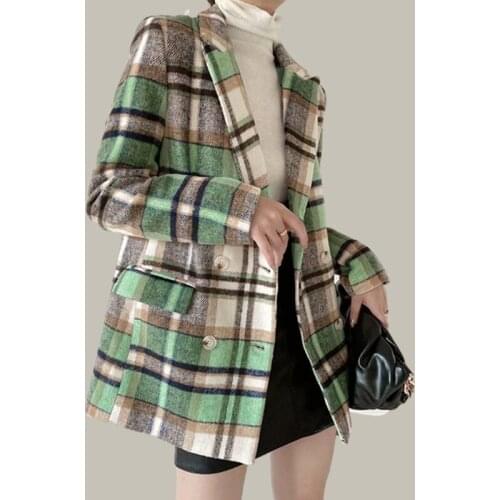 Nice Vintage Woman Plaid Woolen Blazer Coat Fad Fashion Ladies Autumn Double Breasted Soft Jacket Female Chic Warm Outerwears