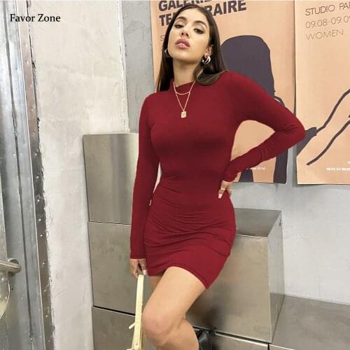 Sexy Slim Ruched Mini Dress Woman Winter Autumn Long Sleeve O-neck Bodycon Evening Party Dresses Women Fashion Elegant Clubwear