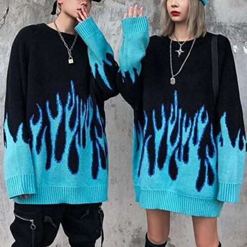 Hip Hop Sweater Pullover Men Women Blue Fire Flame Knitted Oversized Sweater Harajuku Streetwear Tops Casual Couple Sweater 2021