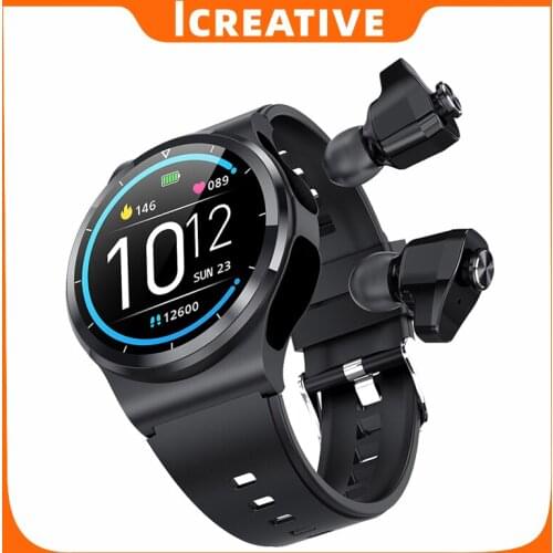 Smart Watch with TWS BT 5.0 Wireless Earphone Headset Play Music Smartwatch Men 300Mah Battery Weather for Android IOS