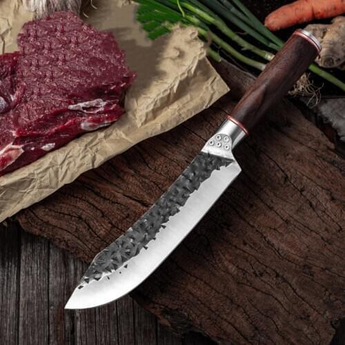 Hammer Patterned 5Cr15 Wooden Handle Butchers Knife Kitchen Stainless Steel Slaughter Boning Knives Killing Cattle Pig Knife