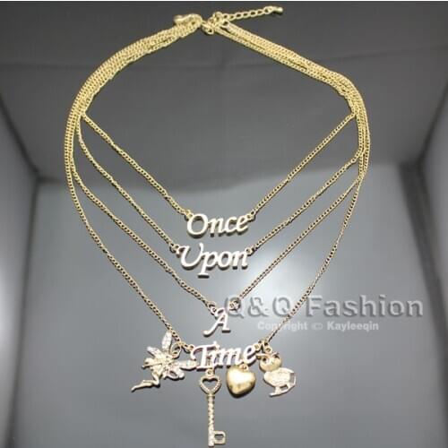 Jewelry Vintage Gold Once Upon A Time Words Style Owl Key Heart Fairy Multi Layer Chain Pendant Dropshipping chain necklace