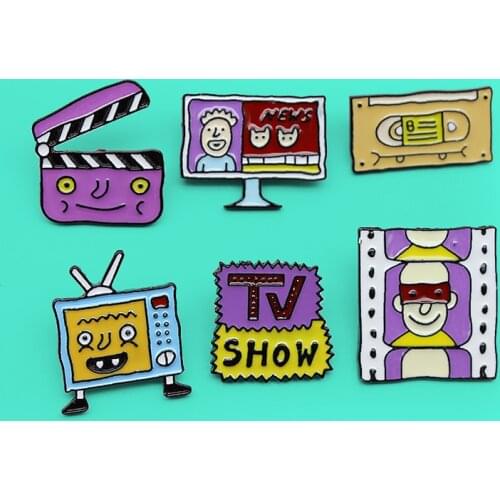 Cartoon Vintage TV SHOW Videotape Tv NEWS Brooches Film Television Magnetic tape Enamel Pins Brooch Clothes Punk Broche Jewelry