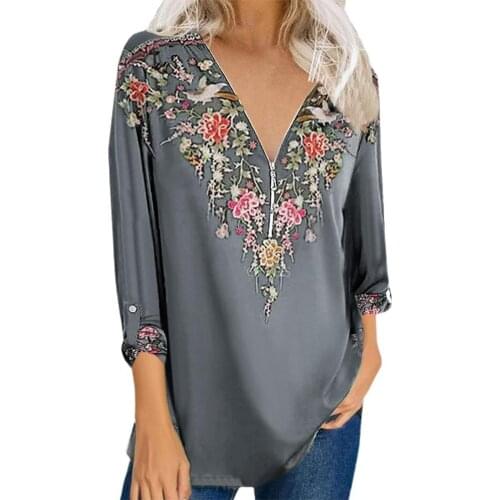 Women Tees Autumn Blouse Ethnic Floral Print V Neck Women Loose Long Sleeve Zipper Pullover Tops Tunic Clothes Streetwear