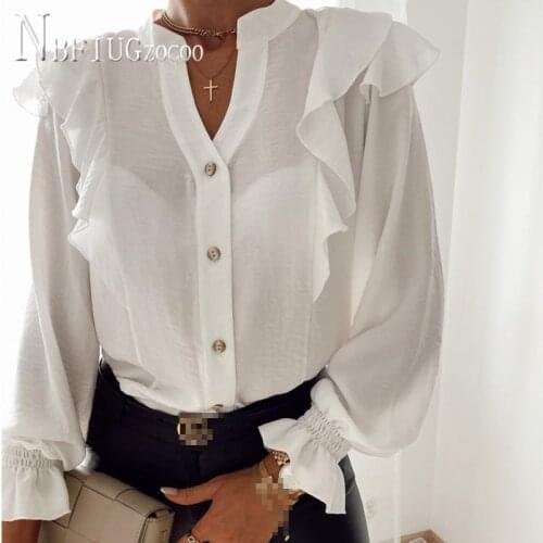 Spring Long Sleeve V Neck Women Blouse Single Breasted Ruffles Female Blouses