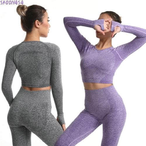 Women solid color wearing running yoga suits long pants sleeve tops lady elastic sports yoga fitness clothing 2 piece suits nice