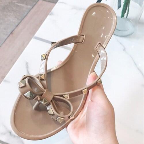 Free Shipping 2021 Summer Slip on Women Shoes Flat Butterfly Rivet Causal Jelly Shoes Slippers size 35-41