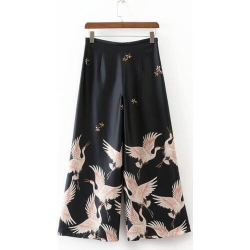 Loose Style Japanese Harajuku Women Wide Leg Cropped Trousers Crane Print Female Elastic Autumn Oriental Chinese Pants