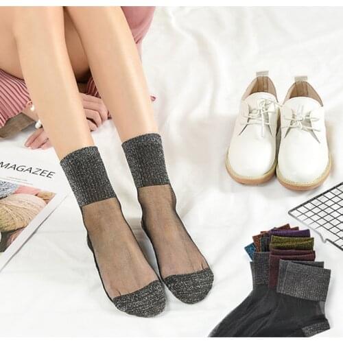 Women Ultrathin Transparent Socks Glitter Crystal Glass Silk Meias Lace Shiny Elastic Short Socks Summer Autumn Winter Socks
