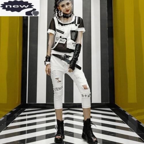 New Fashion Summer Women White Hole Ripped Denim Cotton Two Piece Set Mesh Patchwork Spliced Punk Mid Calf Pants Matching Sets