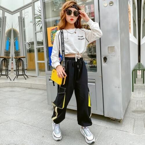 Autumn Long-Sleeved Hip Hop Clothing For Girls Jazz Performance Dress Two Piece Suit White Tops Street Hiphop Black Pants BL4812