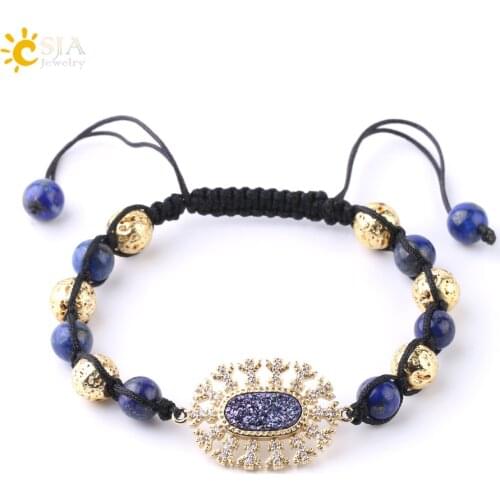 CSJA Natural Stone Braided Rope Bracelet Gold Color Druzy Bead Zircon Strand Bracelets for Women Fashion Jewelry Adjustable F806