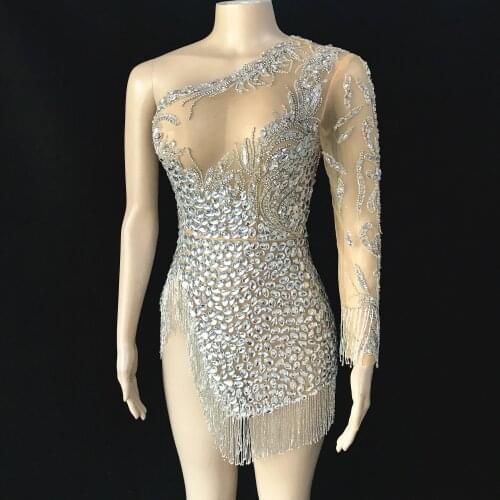Flashing Silver Rhinestone Fringe Transparent Dress Women Dance Show Outfit Birthday Celebrate Single Shoulder Short Dress