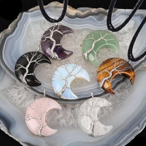 1PCs Natural Crystal Pendant Tree Of Life Moon Shape Reiki Polished Mineral Jewelry Healing Stone For Men Women Jewelry Gift