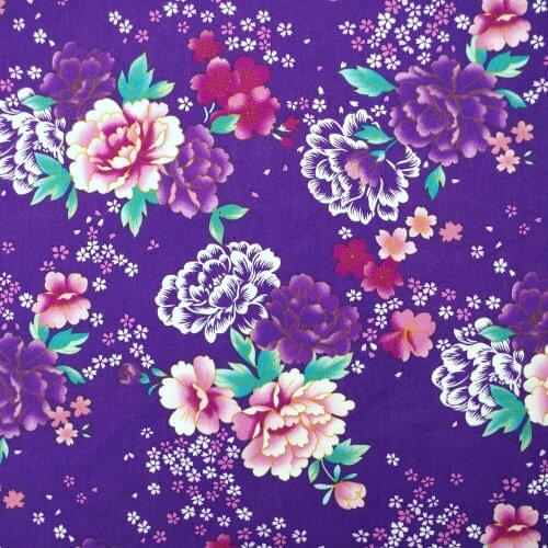 1 Yard Cotton Poplin Fabric for Sewing Patchwork, Dress, Cloth - Poney Flower on Purple Background (width=140cm)