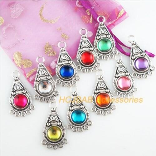 10 New Teardrop Charms Mixed Acrylic Flower Connectors Tibetan Silver Tone 19x35mm