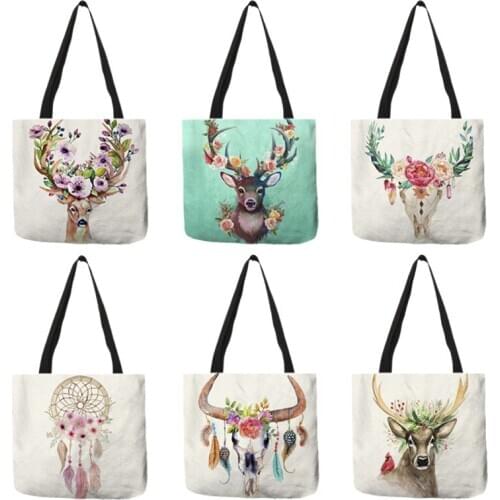 B01100 Floral Deer Sheep Head Prints Women Handbags Bohemian Style Totes Eco Shopping Bags Large Capacity Shoulder Bags