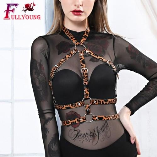 Fullyoung Leather Harness Coffee Leopard Pattern Erotic Body Bondage Strape Bra Fetish Punk Suspender Women Trendy Lingerie