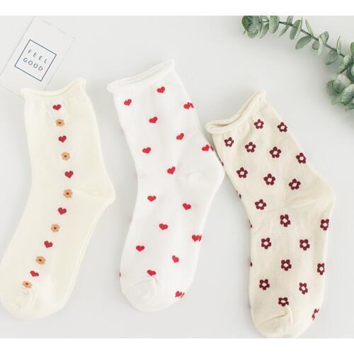 Side Small Flower Roll Side Kawaii Sock Women Korean Style for All Season White Woman Socks Cotton 503103