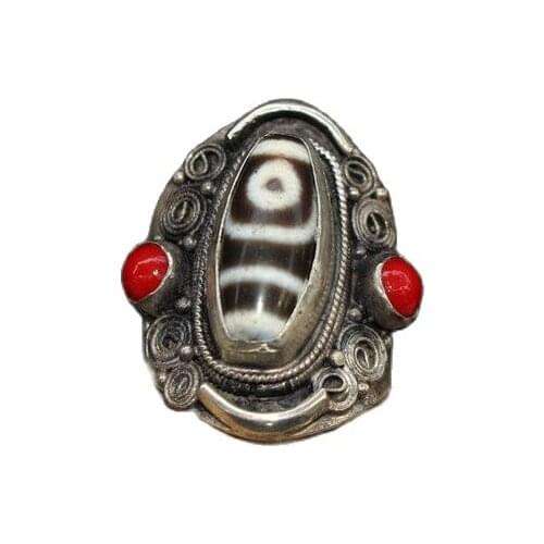 China Old Tibetan Silver Beads Inlaid Ring