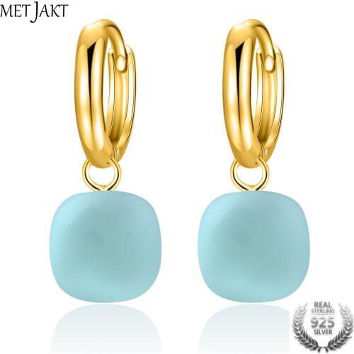 MetJakt Classic Natural Sky Blue Agate Earrings Solid Gold Color 925 Sterling Silver Wedding Earring for Women Luxury Jewelry