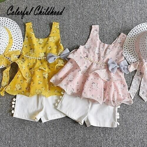 Summer baby girls clothing set Korean children sleeveless dress+shorts suit cute flower outfits kids clothes