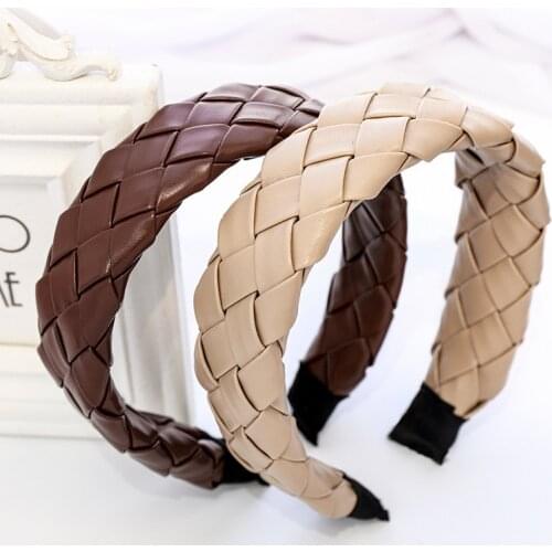 Hot Selling New Fashion Hairband Plain Color PU Leather Headband Wide Cross Braided Headbands for Women Hair Accessories