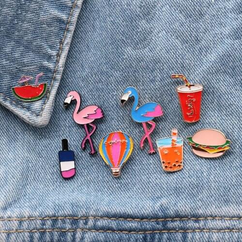Fashion Cartoon Brooch Flamingo Hydrogen Balloon Hamburg Ice-cream Beverage Brooch Decorative Clothes Bag Suitable for Gifts