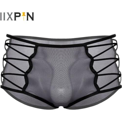 Men Semi-see Through Underwear Silky Cotton Panties Mid Waist Elastic Waistband Underpants Hollow Out Crisscross Erotic Lingerie
