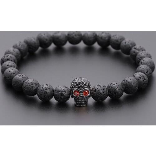 2021 Classic Skull Men Bracelet Pave Cubic Zirconia Vintage 8mm Lava Stone Strand Bracelet For Men Jewelry Gift