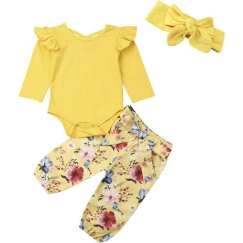 NEW 2020 Toddler Infant Baby Girl Clothes Tops Romper Floral Pants Headband Outfit 3PCS Set