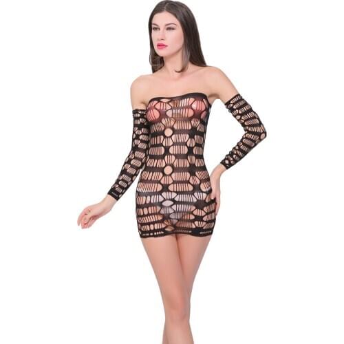 2020 new style sexy lingerie sexy petal jacquard short skirt connected mesh clothes exposed shoulder long sleeve spandex w098