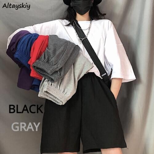 Solid Shorts Women Knee-length Soft Cozy Summer Korean Style Trendy Unisex Couple All-match Female Bottom Simple Elastic Waist