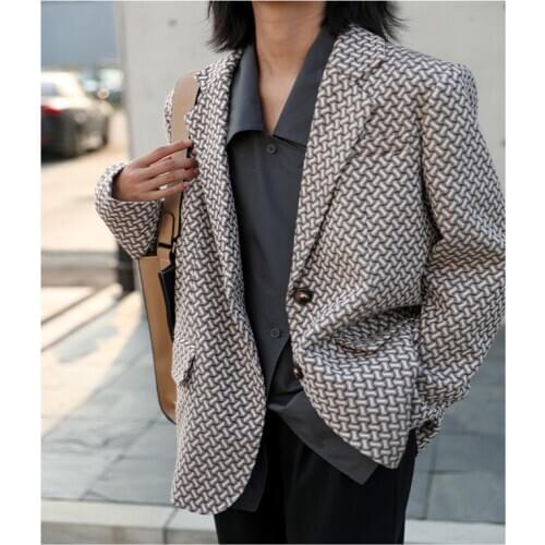 Autumn Womens Blazers Printing Checkered Outwear Tops Spring Lady Formal Jackets Female Long Sleeve Plaid Loose British Style