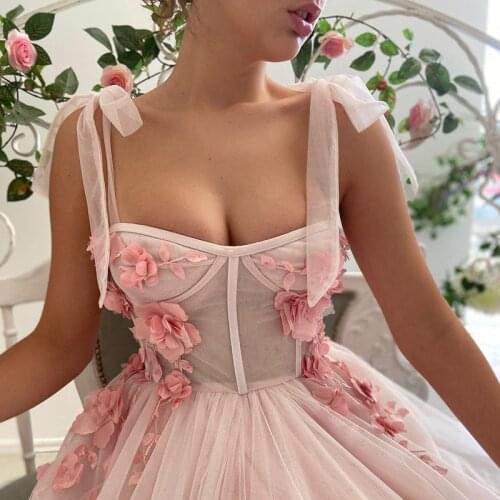 A-Line 3D Flowers Prom Dress Elegant Puffy Straps Evening Dress Plus Size Pleated Long Party Dress