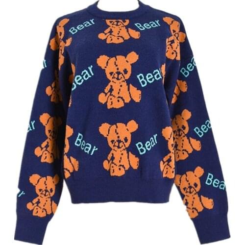 Casual OVersize 2021 Fashion O neck Cartoon Pattern Blue Loose Pullover Knitted Warm Winter Sweater Female