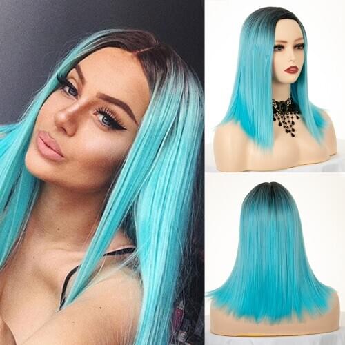 Ombre Straight Blue Wig Middle Part Short Bob Synthetic Hair 14" Shoulder Length With Dark Roots Cosplay Costume Wigs For Women