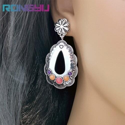 Retro Synthetic Multicolor Gemstone Bohemia Drop Earrings For Women Antique Silver Color Dream Flower Shape Daily Jewelry