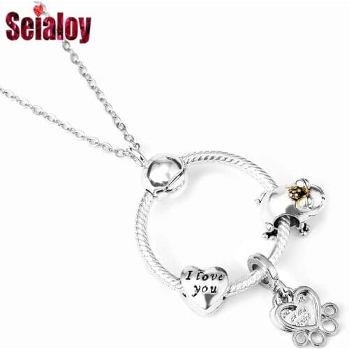 Seialoy Fashion Heart Footprint Pendant Necklace Frog Beads I Love You Heart Charm Necklace Boys Girls Birthday Party Jewelry