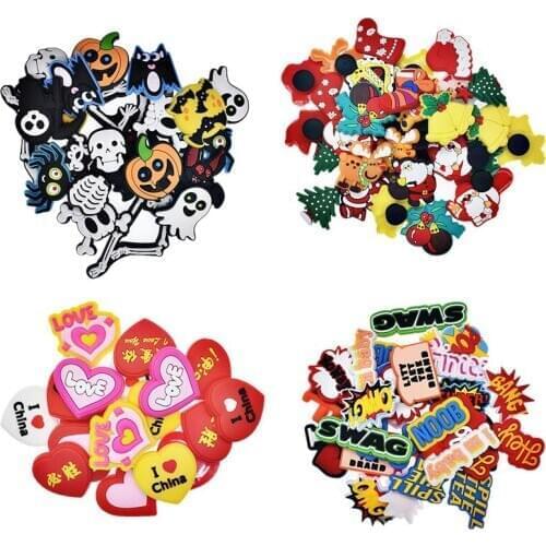 Mixed 50Pcs Wholesale Shoe Charms Soft PVC Shoe Buckles Halloween/Christmas Fit Bracelets Croc JIBZ Shoe Theme party Ormaments